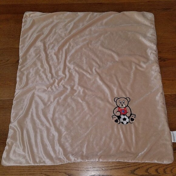 RN 130937 Teddy Bear Soccer Ball Brown Fleece Baby Blanket Lovey Security Red - Picture 5 of 6